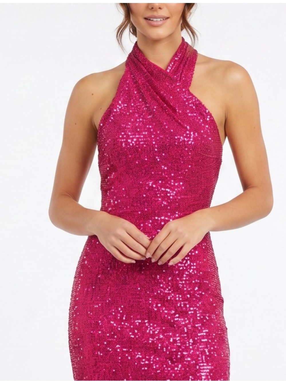 Rachel Roy Fuchsia Sequin Halter Prom Gown